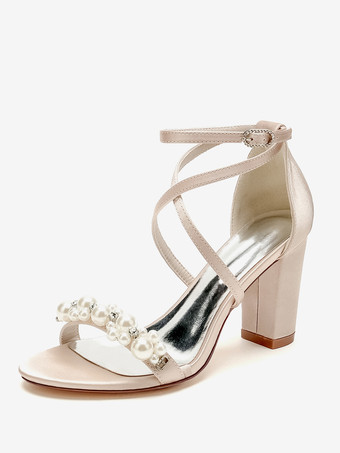 シャンパンカラーブライダルサンダル ホワイトサテン シック オープントゥ ラインストーン ウェディングサンダル