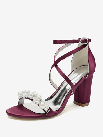 バーガンディーブライダルサンダル ホワイトサテン シック オープントゥ ラインストーン ウェディングサンダル