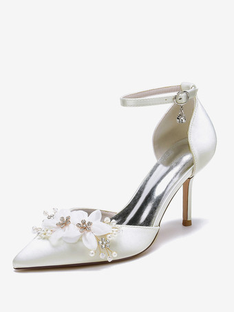 アイボリー ウェディングシューズ ブライダルパンプス サテン ポインテッドトゥ