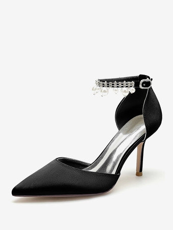 ブラック ウェディングシューズ ブライダルパンプス サテン ポインテッドトゥ