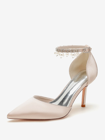 シャンパンカラーウェディングシューズ ブライダルパンプス サテン ポインテッドトゥ