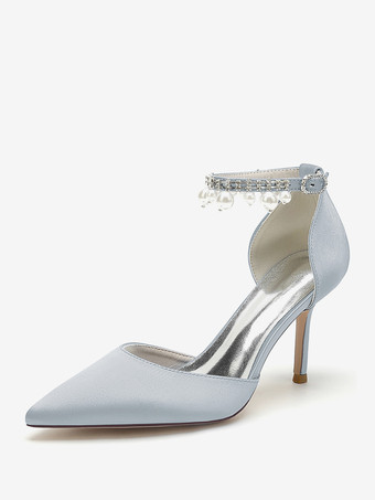 シルバー ウェディングシューズ ブライダルパンプス サテン ポインテッドトゥ