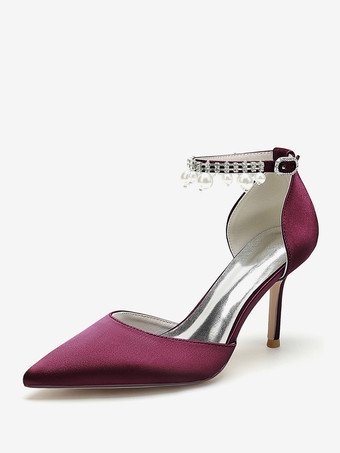 ワインレッド ウェディングシューズ ブライダルパンプス サテン ポインテッドトゥ