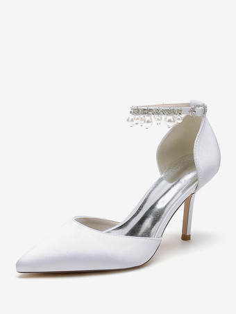 ホワイト ウェディングシューズ ブライダルパンプス サテン ポインテッドトゥ