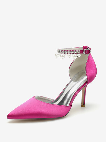 ローズレッドウェディングシューズ ブライダルパンプス サテン ポインテッドトゥ