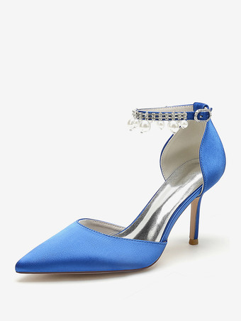 ロイヤルブルーウェディングシューズ ブライダルパンプス サテン ポインテッドトゥ