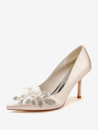 シャンパンカラーウェディングシューズ ブライダルパンプス サテン ポインテッドトゥ