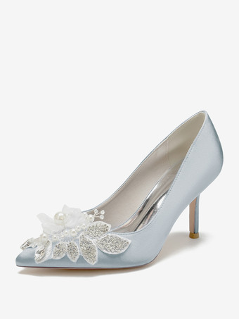 シルバー ウェディングシューズ ブライダルパンプス サテン ポインテッドトゥ