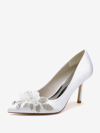 ホワイト ウェディングシューズ ブライダルパンプス サテン ポインテッドトゥ