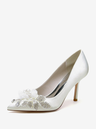 アイボリー ウェディングシューズ ブライダルパンプス サテン ポインテッドトゥ