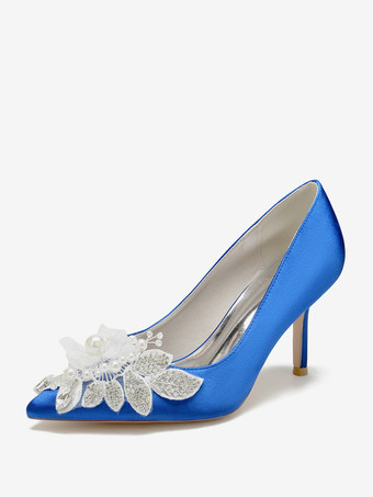 ロイヤルブルーウェディングシューズ ブライダルパンプス サテン ポインテッドトゥ