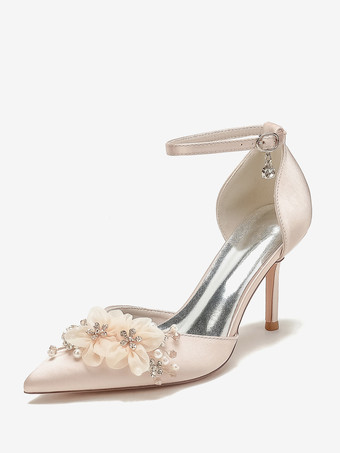 シャンパンカラーウェディングシューズ ブライダルパンプス サテン ポインテッドトゥ