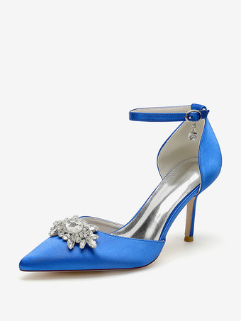 ロイヤルブルーウェディングシューズ ブライダルパンプス サテン ポインテッドトゥ ラインストーン