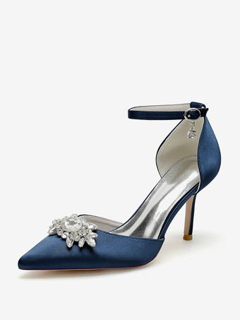 ディープブルーウェディングシューズ ブライダルパンプス サテン ポインテッドトゥ ラインストーン