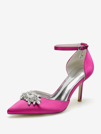 ローズレッドウェディングシューズ ブライダルパンプス サテン ポインテッドトゥ ラインストーン