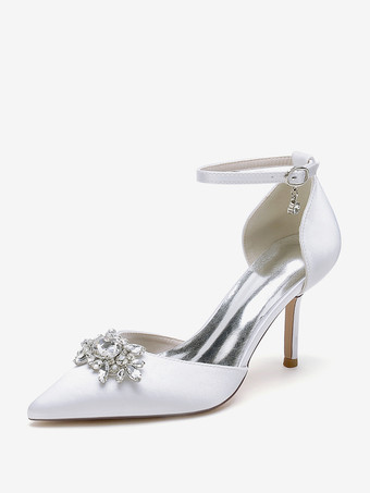 ホワイト ウェディングシューズ ブライダルパンプス サテン ポインテッドトゥ ラインストーン