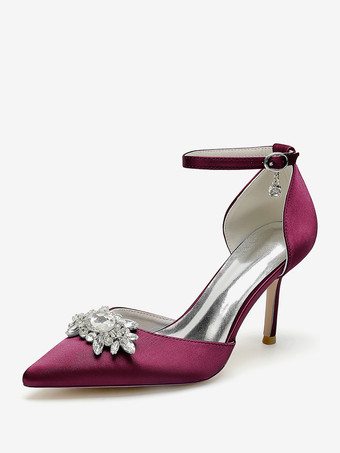 ワインレッド ウェディングシューズ ブライダルパンプス サテン ポインテッドトゥ ラインストーン