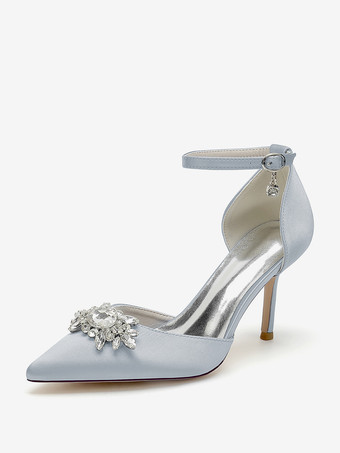 シルバー ウェディングシューズ ブライダルパンプス サテン ポインテッドトゥ ラインストーン