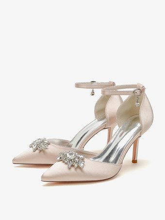 シャンパンカラーウェディングシューズ ブライダルパンプス サテン ポインテッドトゥ ラインストーン