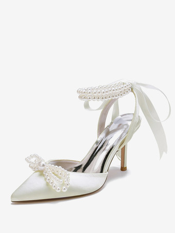 marfil Zapatos de boda Tacones nupciales Satén Punta puntiaguda
