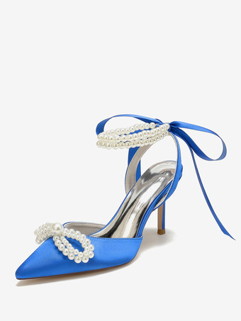 Azul franciaZapatos de boda Tacones nupciales Satén Punta puntiaguda