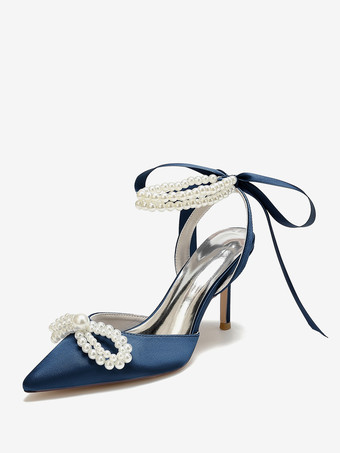 azul oscuro Zapatos de boda Tacones nupciales Satén Punta puntiaguda