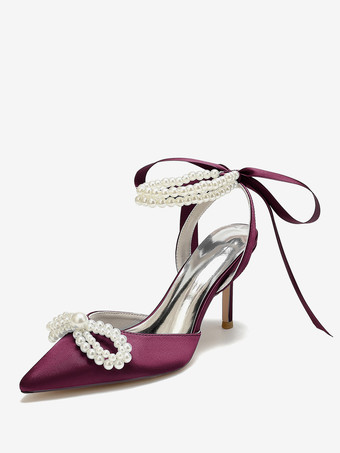 Color borgoñaZapatos de boda Tacones nupciales Satén Punta puntiaguda