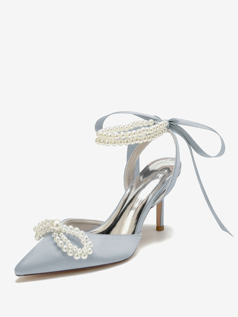 plateado Zapatos de boda Tacones nupciales Satén Punta puntiaguda