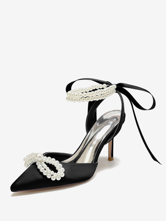 negro Zapatos de boda Tacones nupciales Satén Punta puntiaguda