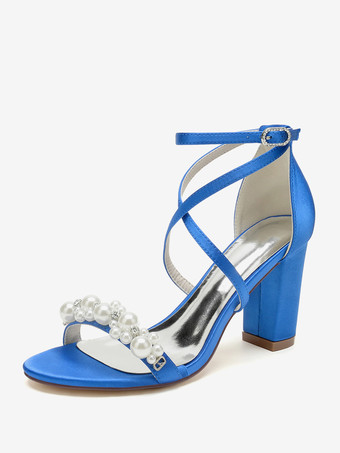 ロイヤルブルーブライダルサンダル ホワイトサテン シック オープントゥ ラインストーン ウェディングサンダル