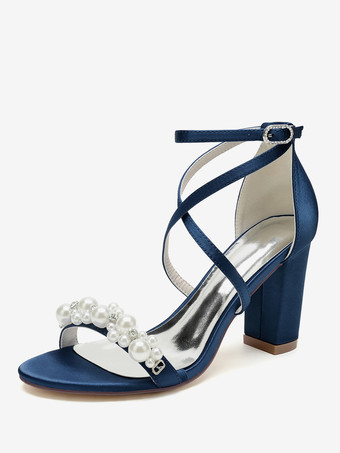 ディープブルーブライダルサンダル ホワイトサテン シック オープントゥ ラインストーン ウェディングサンダル