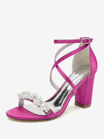 ローズレッドブライダルサンダル ホワイトサテン シック オープントゥ ラインストーン ウェディングサンダル