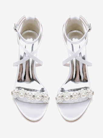 ブライダルサンダル ホワイトサテン シック オープントゥ ラインストーン ウェディングサンダル