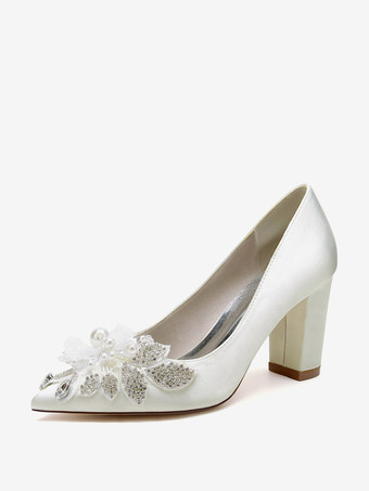 アイボリー ウェディングシューズ ブライダルパンプス サテン ポインテッドトゥ