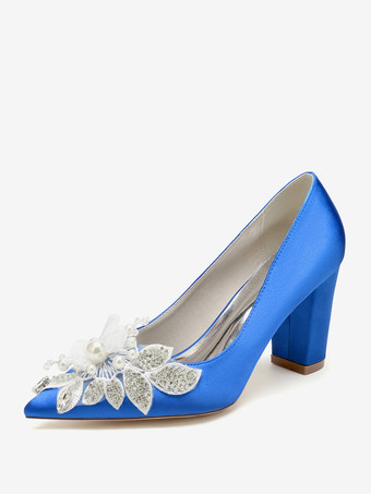 ロイヤルブルーウェディングシューズ ブライダルパンプス サテン ポインテッドトゥ