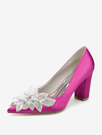 ローズレッドウェディングシューズ ブライダルパンプス サテン ポインテッドトゥ