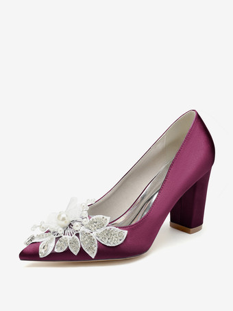 ワインレッド ウェディングシューズ ブライダルパンプス サテン ポインテッドトゥ