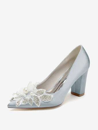 シルバー ウェディングシューズ ブライダルパンプス サテン ポインテッドトゥ