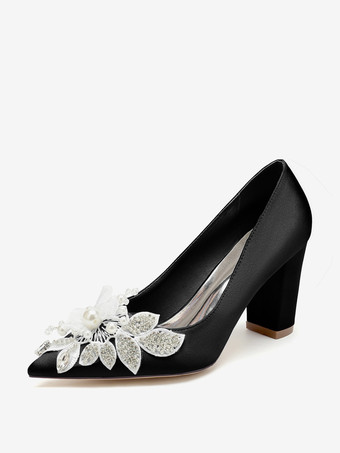 ブラック ウェディングシューズ ブライダルパンプス サテン ポインテッドトゥ