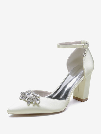 アイボリー ウェディングシューズ ブライダルパンプス サテン ポインテッドトゥ ラインストーン