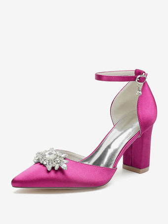 ローズレッドウェディングシューズ ブライダルパンプス サテン ポインテッドトゥ ラインストーン