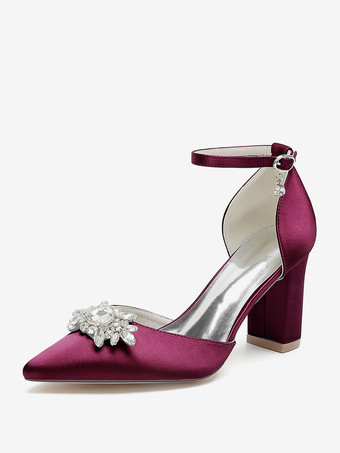 ワインレッド ウェディングシューズ ブライダルパンプス サテン ポインテッドトゥ ラインストーン