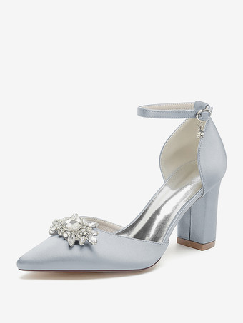 シルバー ウェディングシューズ ブライダルパンプス サテン ポインテッドトゥ ラインストーン