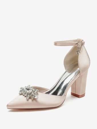 シャンパンカラーウェディングシューズ ブライダルパンプス サテン ポインテッドトゥ ラインストーン