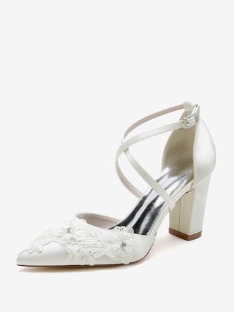 アイボリー ウェディングシューズ ブライダルパンプス サテン ポインテッドトゥ