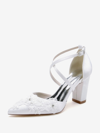 ホワイト ウェディングシューズ ブライダルパンプス サテン ポインテッドトゥ