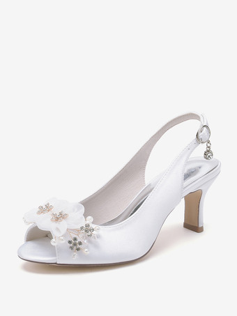 ホワイト ブライダルサンダル アイボリー サテン シック ピープトゥ フラワー ウェディングサンダル