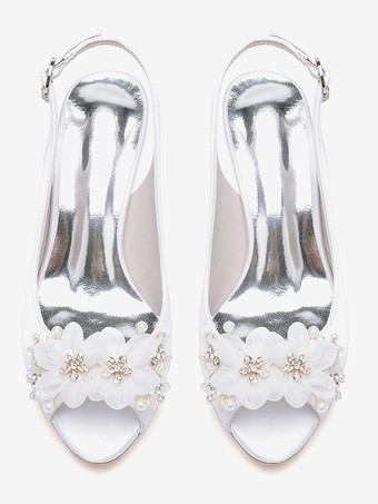 ブライダルサンダル アイボリー サテン シック ピープトゥ フラワー ウェディングサンダル