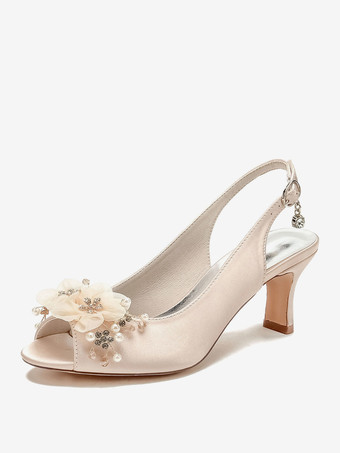 シャンパンカラーブライダルサンダル アイボリー サテン シック ピープトゥ フラワー ウェディングサンダル