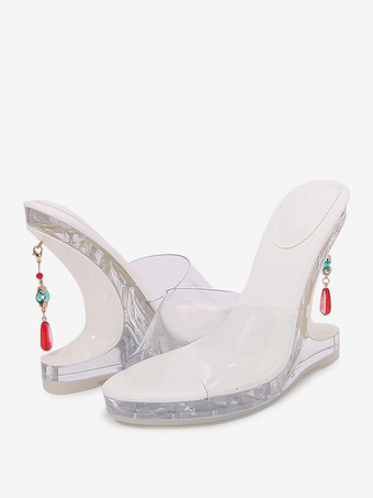 ホワイト レディーススライドサンダル シックなPVCアッパー ピープトゥ 特殊形状ヒール スリッパ